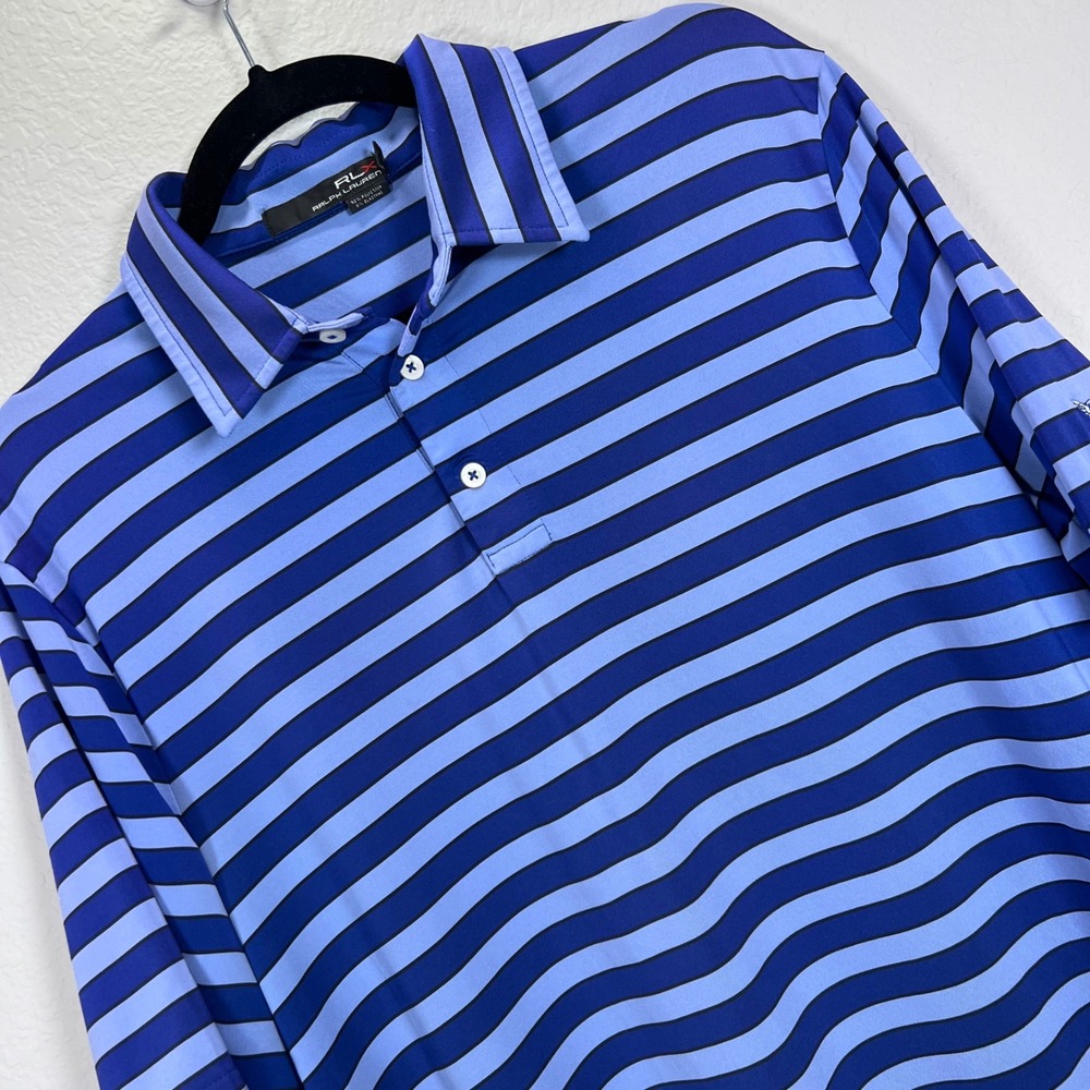 RLX Ralph Lauren Golf Polo‎ Shirt Mens Large Blue Striped Short Sleeve Crest